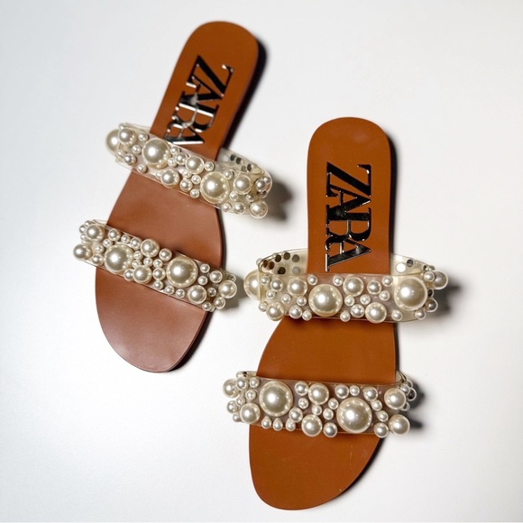 Zara Flat Vinyl Pearls Sandals Women’s Size 37 - Picture 4 of 7